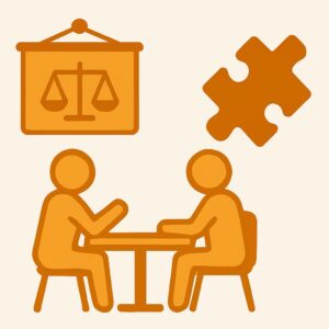 Dva lidé sedí u stolu a diskutují, nad nimi je váha a puzzle – symbol mediace jako procesu hledání řešení.